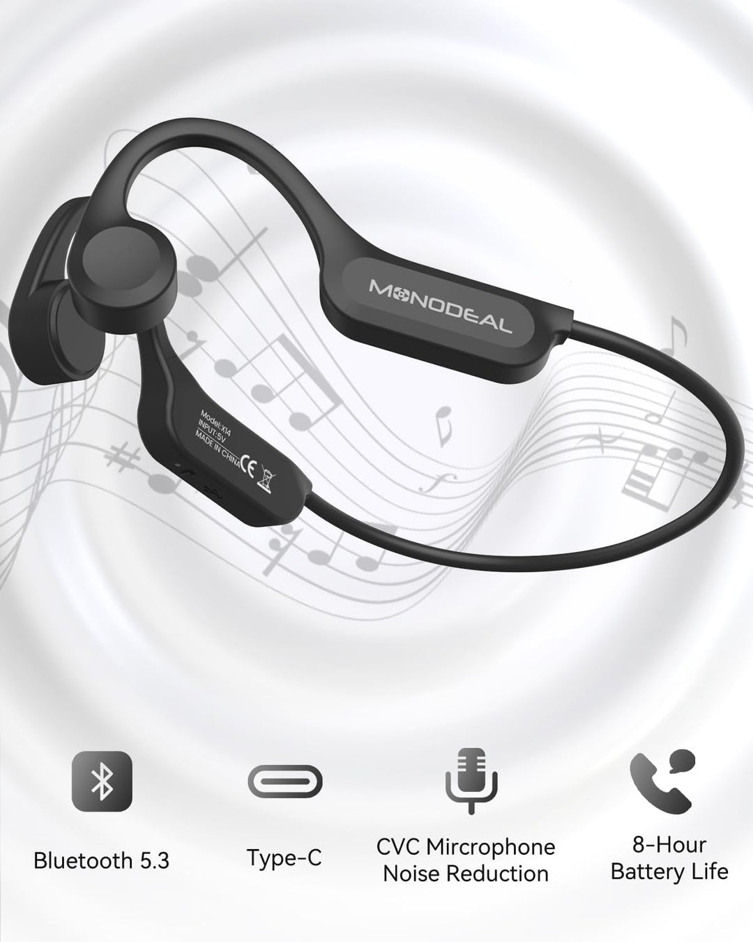 MONODEAL Knochenschall Kopfhörer Bluetooth 5.3 Open-Ear Kopfhörer, Typ-C Ladeanschluss, IPX6 wasserd