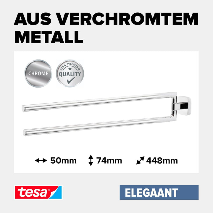 tesa ELEGAANT Bad Handtuchhalter, 2-armig und schwenkbar, verchromt - rostfrei, zur Wandbefestigung