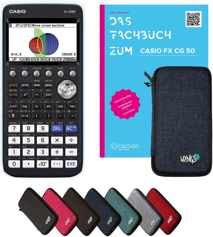 CALCUSO Standardpaket: Casio FX CG 50 + WYNGS Schutztasche blau + CALCUSO Fachbuch + Erweiterte Gara
