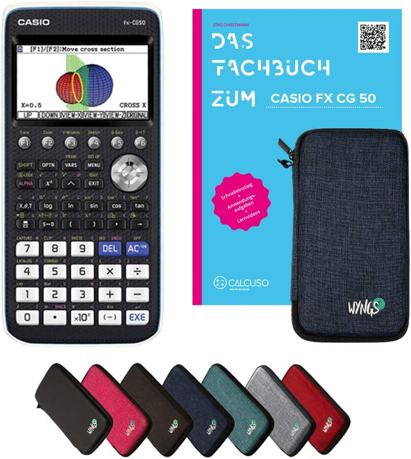 CALCUSO Standardpaket: Casio FX CG 50 + WYNGS Schutztasche blau + CALCUSO Fachbuch + Erweiterte Gara