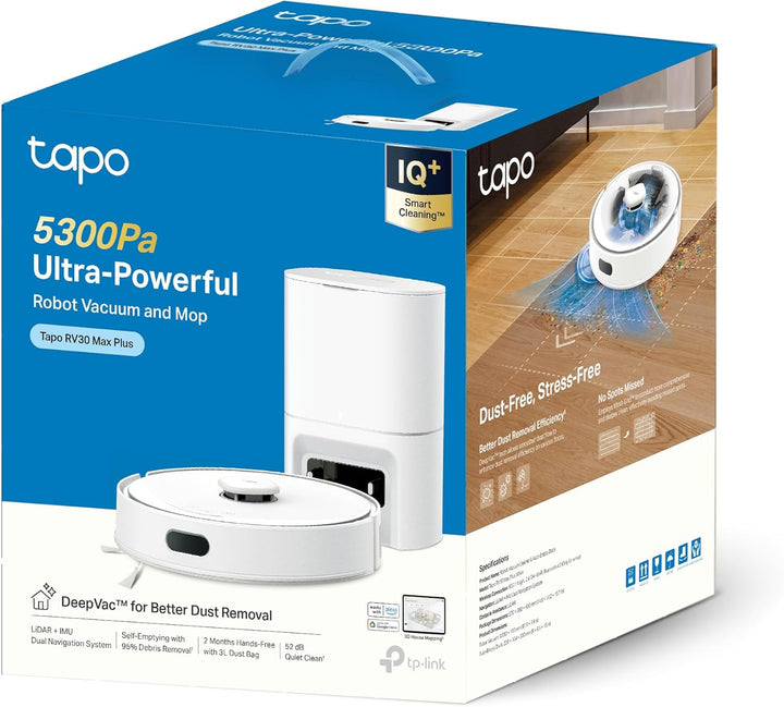 Tapo RV30 Max Plus Saugroboter mit Wischfunktion und automatischer Absaugstation, 5300Pa Ultra Stark