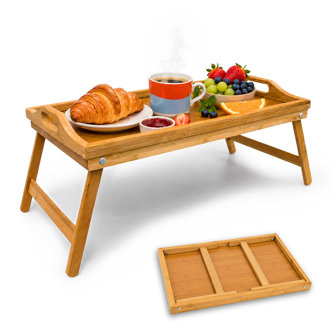 Relaxdays 4 x Betttablett klappbar, Essenstablett mit Füssen, Frühstück im Bett, Bambus &amp; MDF, HxBxT