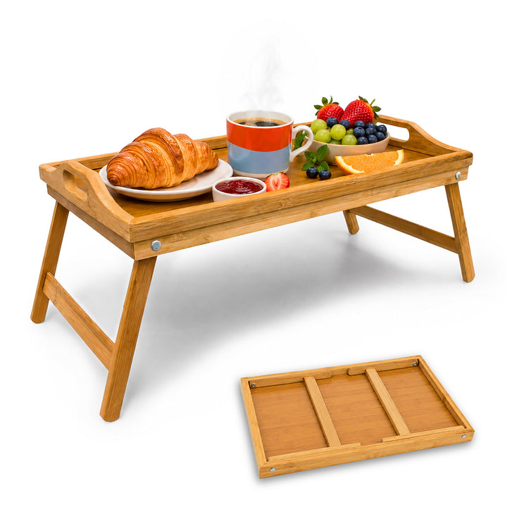 Relaxdays 4 x Betttablett klappbar, Essenstablett mit Füssen, Frühstück im Bett, Bambus &amp; MDF, HxBxT