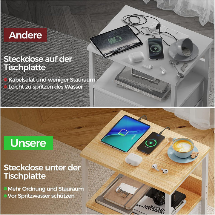 Rolanstar Nachttisch mit Ladefunktion, Beistelltisch mit LED-Leuchten, 2 Stoffschubladen & 3-stufige