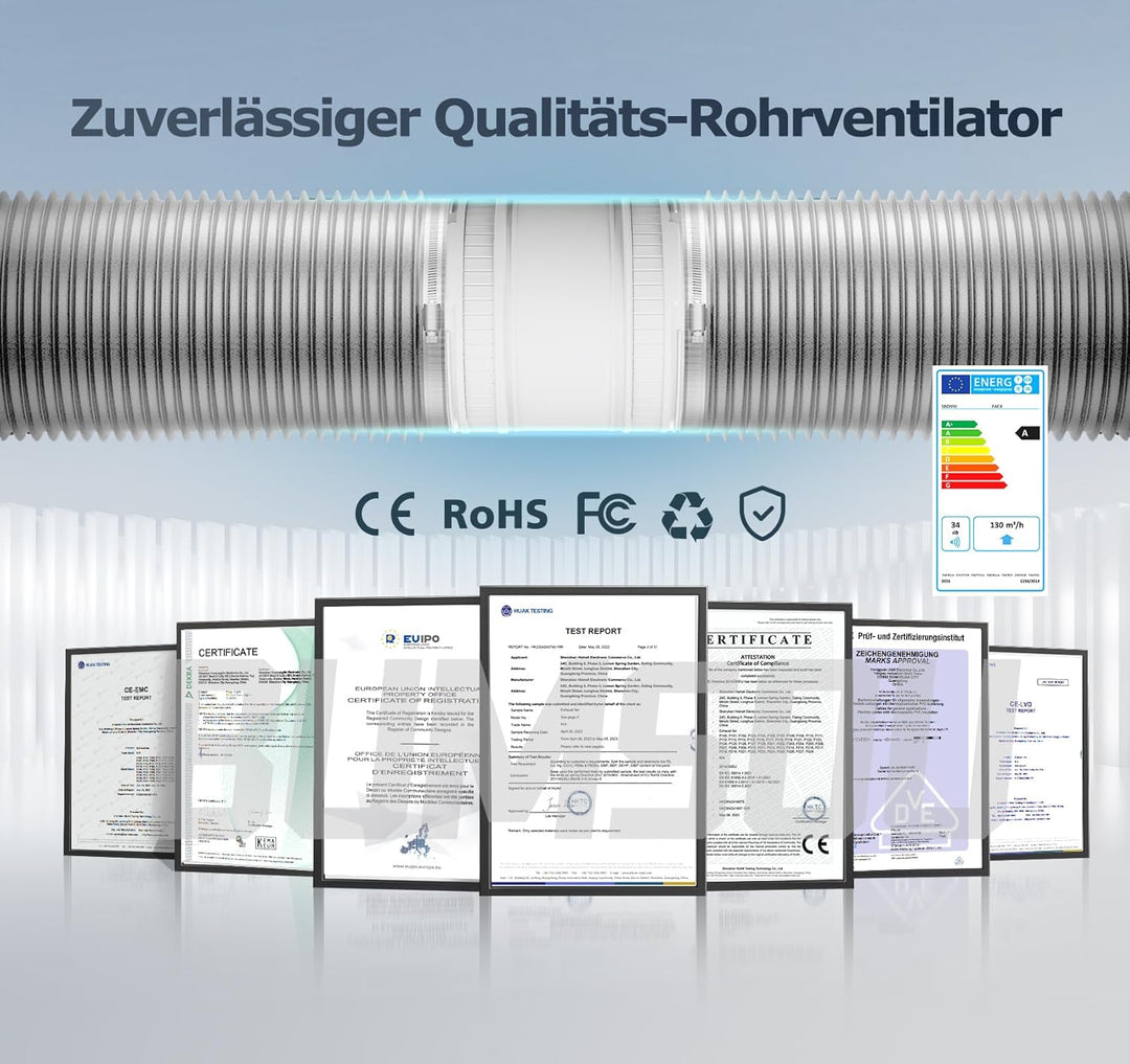 Rohrventilator 100 mm Regelbare Geschwindigkeit, 145m³/h Rauchabzug Ventilator, Rohrlüfter Leise mit