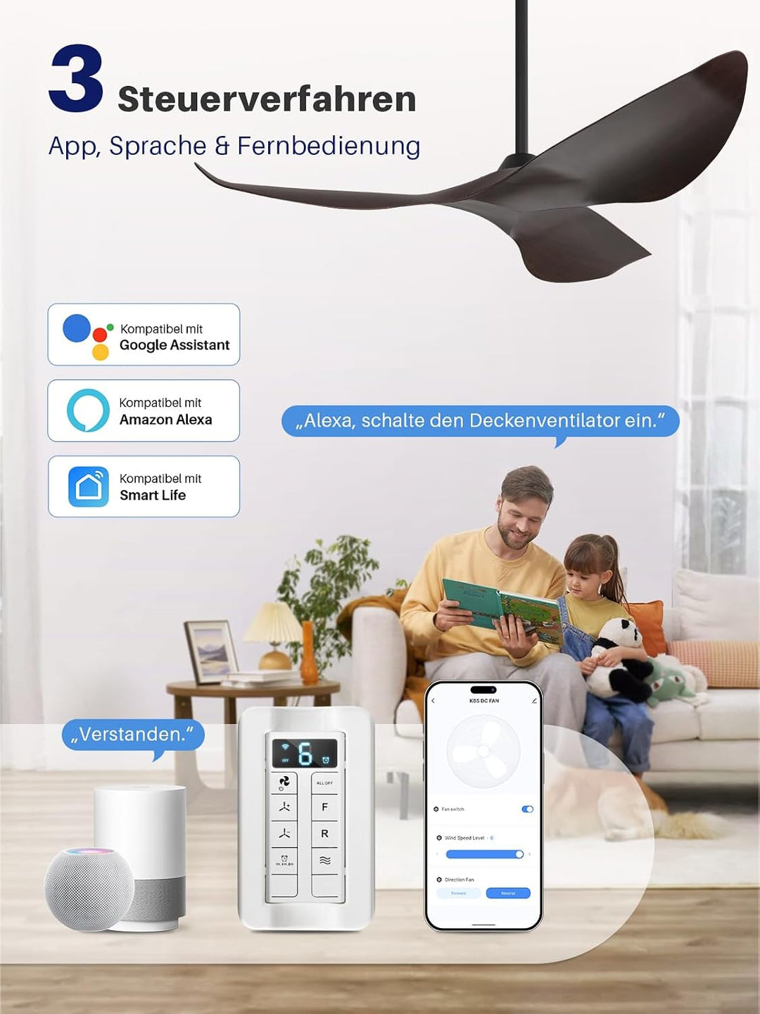 Sofucor 97cm Smart Deckenventilator mit Fernbedienung, Leise Deckenventilator mit Alexa/APP, WLAN, D