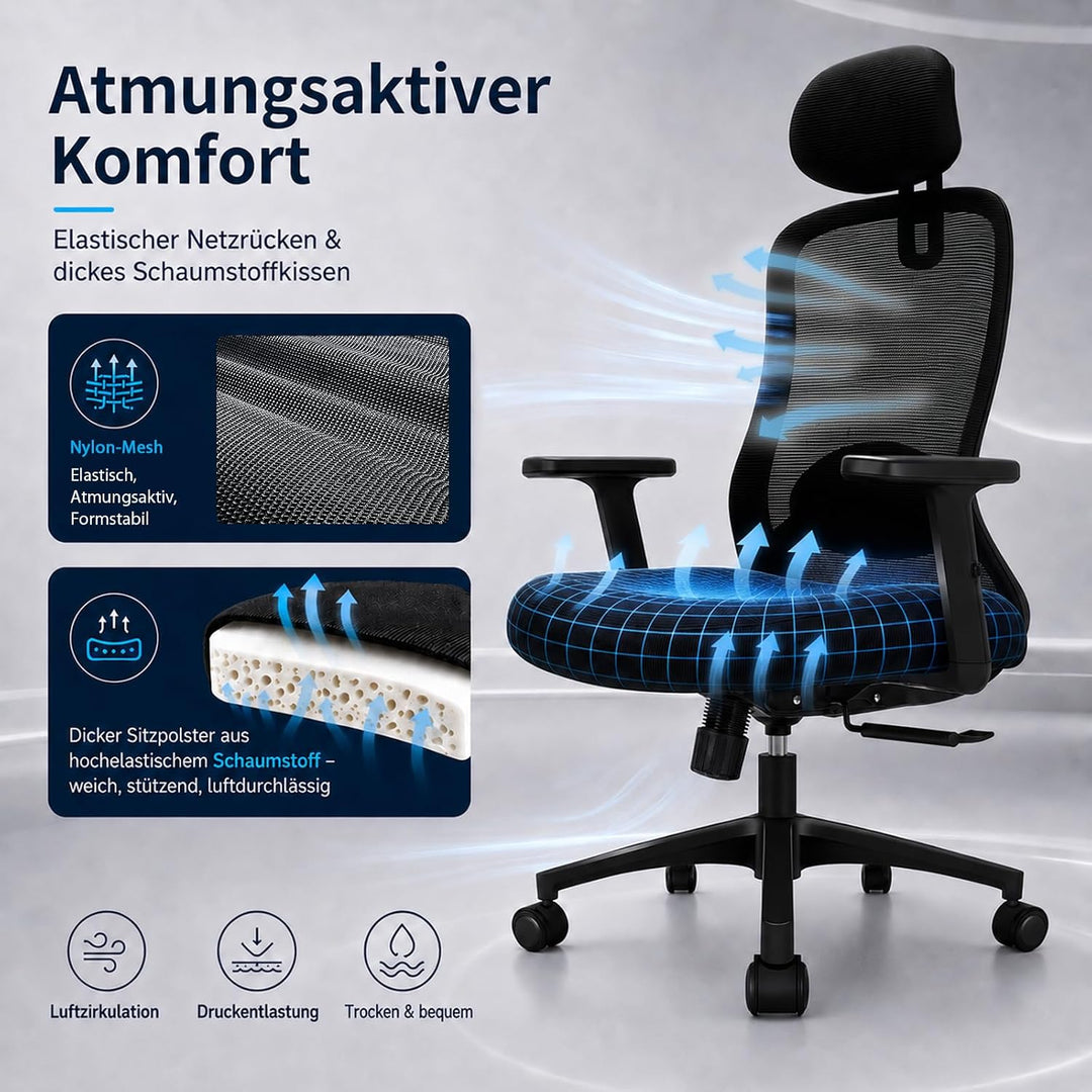 Bürostuhl, Ergonomischer Bürostuhl mit Verstellbarer 4D Lendenwirbelstütze, Schreibtischstuhl mit Ko