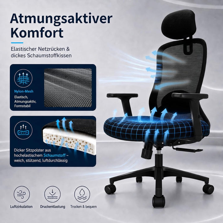 Bürostuhl, Ergonomischer Bürostuhl mit Verstellbarer 4D Lendenwirbelstütze, Schreibtischstuhl mit Ko
