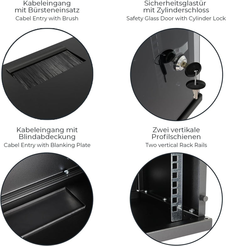 HMF 63406-02 Netzwerkschrank, Serverschrank 10 Zoll | 6 HE | 300 mm Tiefe | Voll montiert | Glastür