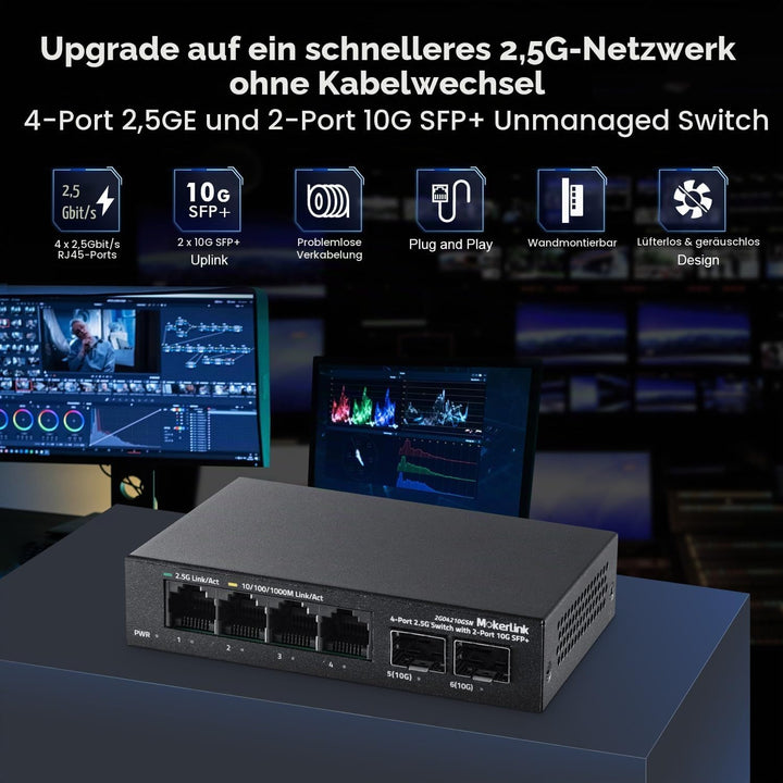 MokerLink 4 Port 2.5G Ethernet Switch mit 2x10G SFP+ Slot, 4x2.5G RJ45 Ports kompatibel mit 100/1000