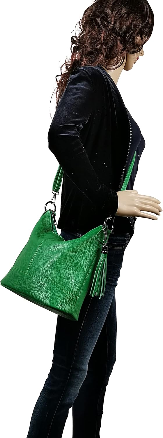 AmbraModa GLX09 - Damen Handtasche Schultertasche Beutel aus Echtleder Grün, Grün