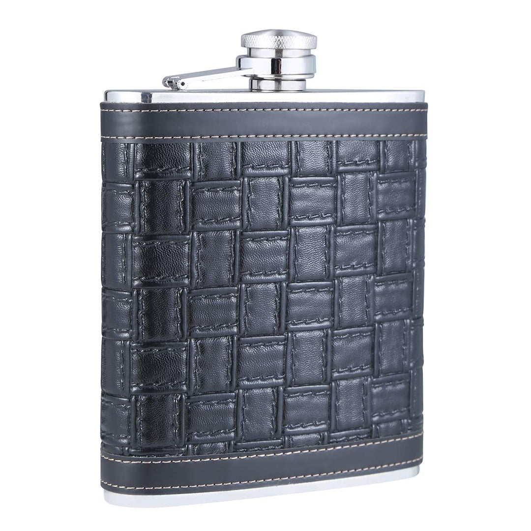 TANEAXON Flachmann mit Lederumwicklung, Grosse Kapazität, quadratisch, 510 ml, Schwarz | Edelstahl,