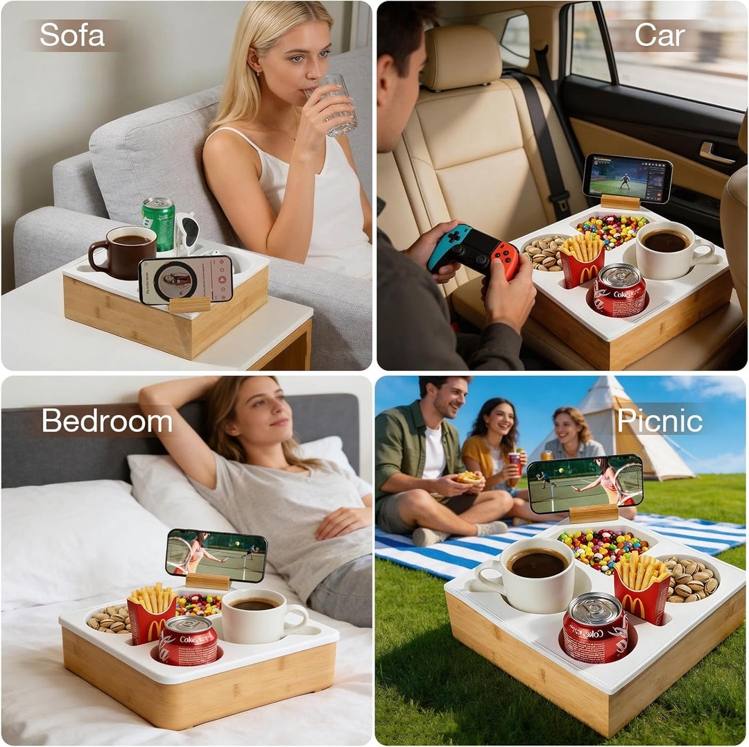 VINATO Couchtisch mit Snackbox, 360° drehbarer Handyhalter, Getränkehalter & Staufächern – Aus Bambu