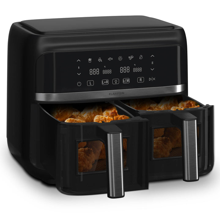 Klarstein Heissluftfritteuse, Airfryer mit 2 Kammern, 2850W Kompakte Heissluftfritteuse, 7,6L Luft-F