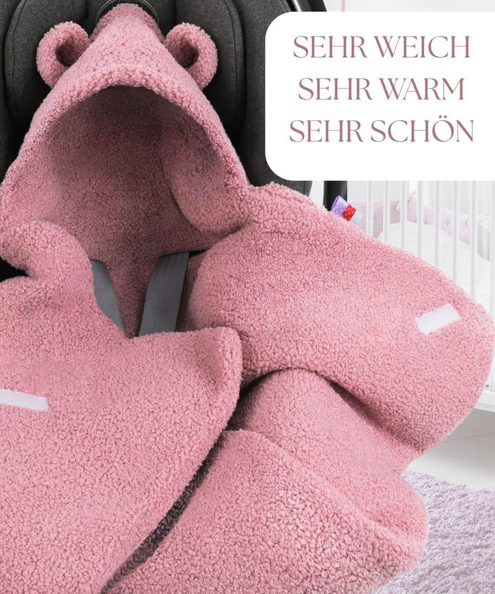 Einschlagdecke Babyschale Winter 80x80cm Kuschelig BOUCLÉ Lammfell-Optik, Kuscheldecke mit Kapuze fü