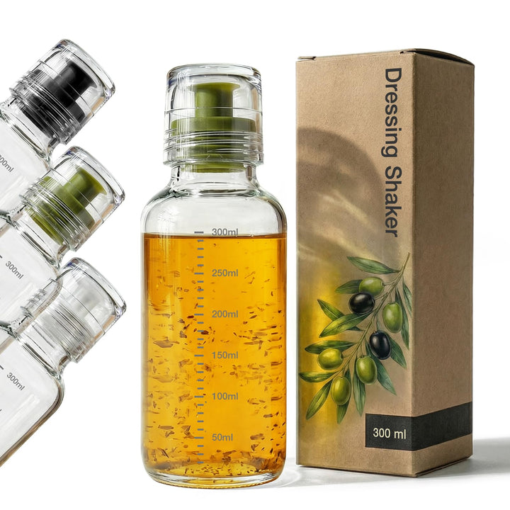 Dressingshaker aus Glas mit Skalierung 300ml | Dressing Behälter mit tropffreien Ausguss, spülmaschi