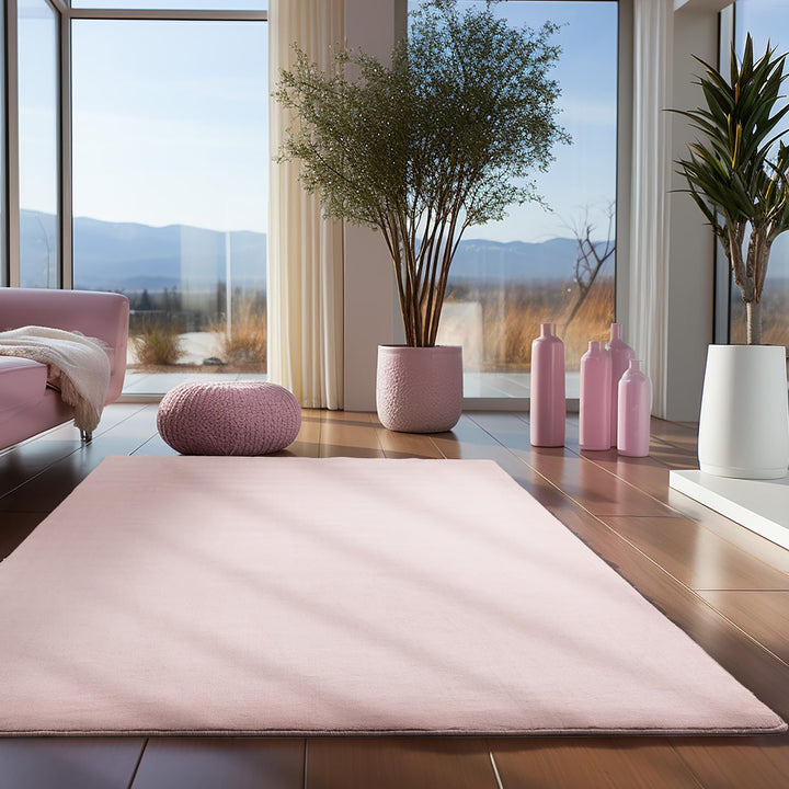 Waschbarer Teppich Wohnzimmer, Kurzflor rutschfest Flauschig Weich, Einfarbig Rosa, Felloptik, Super