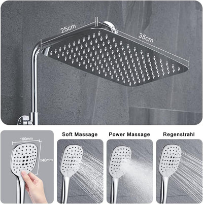 JOHO 304 Edelstahl Duschset Duschsystem Regenduschset mit Kopfbrause 35x25cm Chrom rechteckig 35x25c