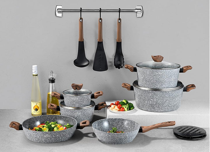 Zilner Töpfe und Pfannen Set - Topfset 15-teilig - Marmorbeschichtung und Keramikbeschichtung - mit
