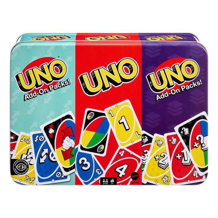 Mattel Games UNO Kartenspiel mit Zwei Erweiterungssets und Sammelmetalldose für Kinder, Erwachsene u