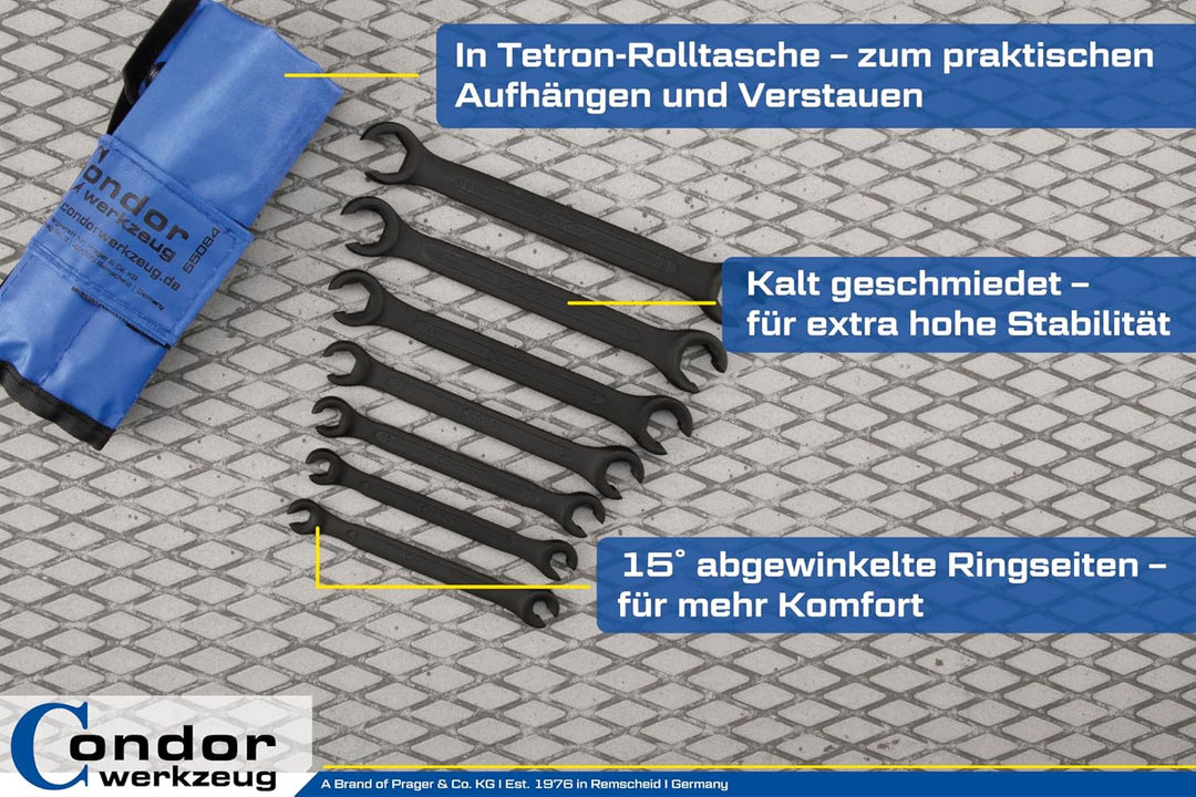 CONDOR Werkzeug 55084 | Offener Ringschlüssel-Satz | Leitungsschlüssel-Satz | 7-tlg. | SW 6x7-18x19
