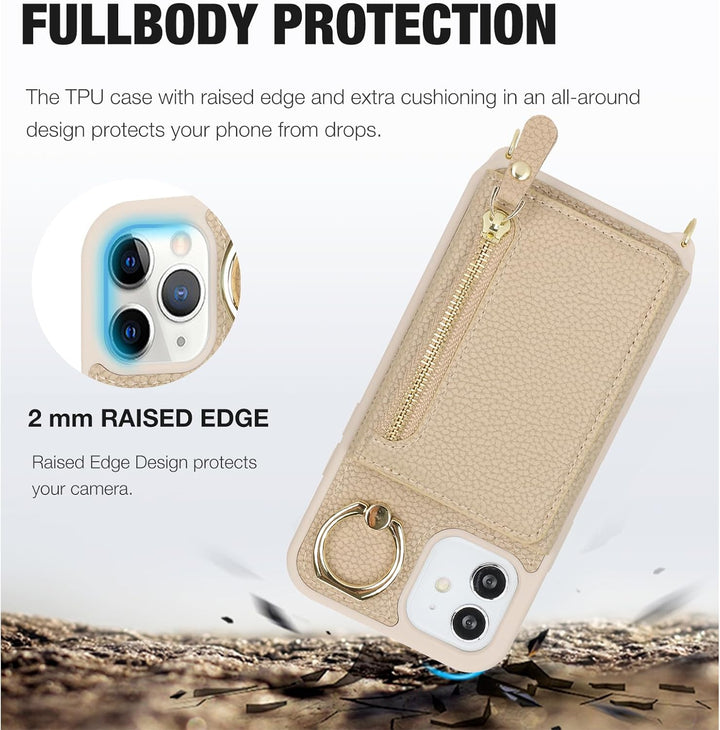 ELTEKER Handyhülle für iPhone 12 Mini Hülle mit Band Kartenfach Handykette Ringhalterung Geldbörse,L