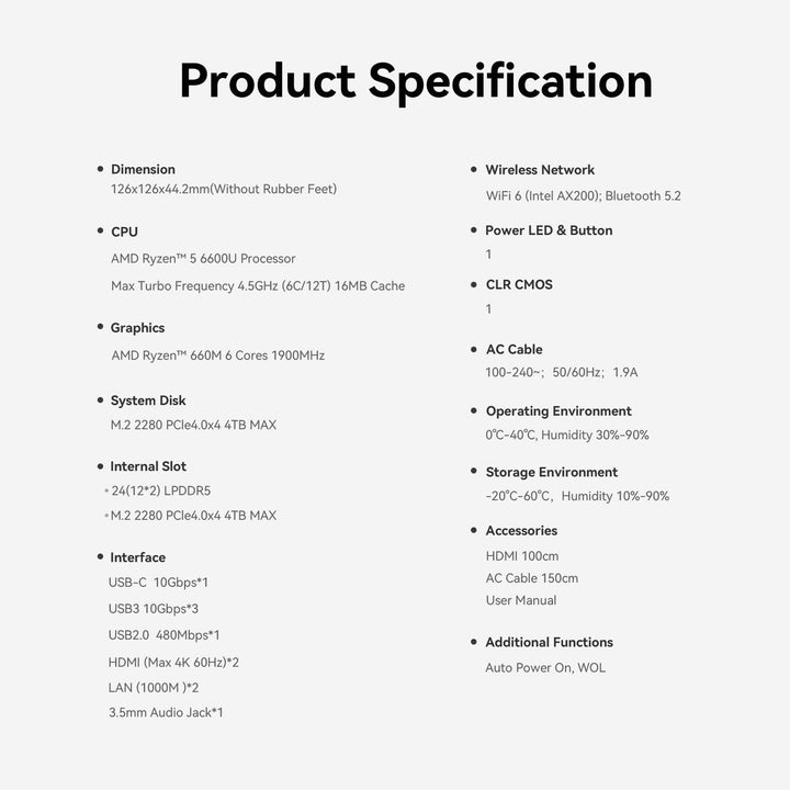 Beelink Mini PC AMD, Ryzen 5 6600U (6C/12T bis 4,5 GHz), EQR6 Mini Computer 32 GB LPDDR5 1TB M.2 PCI