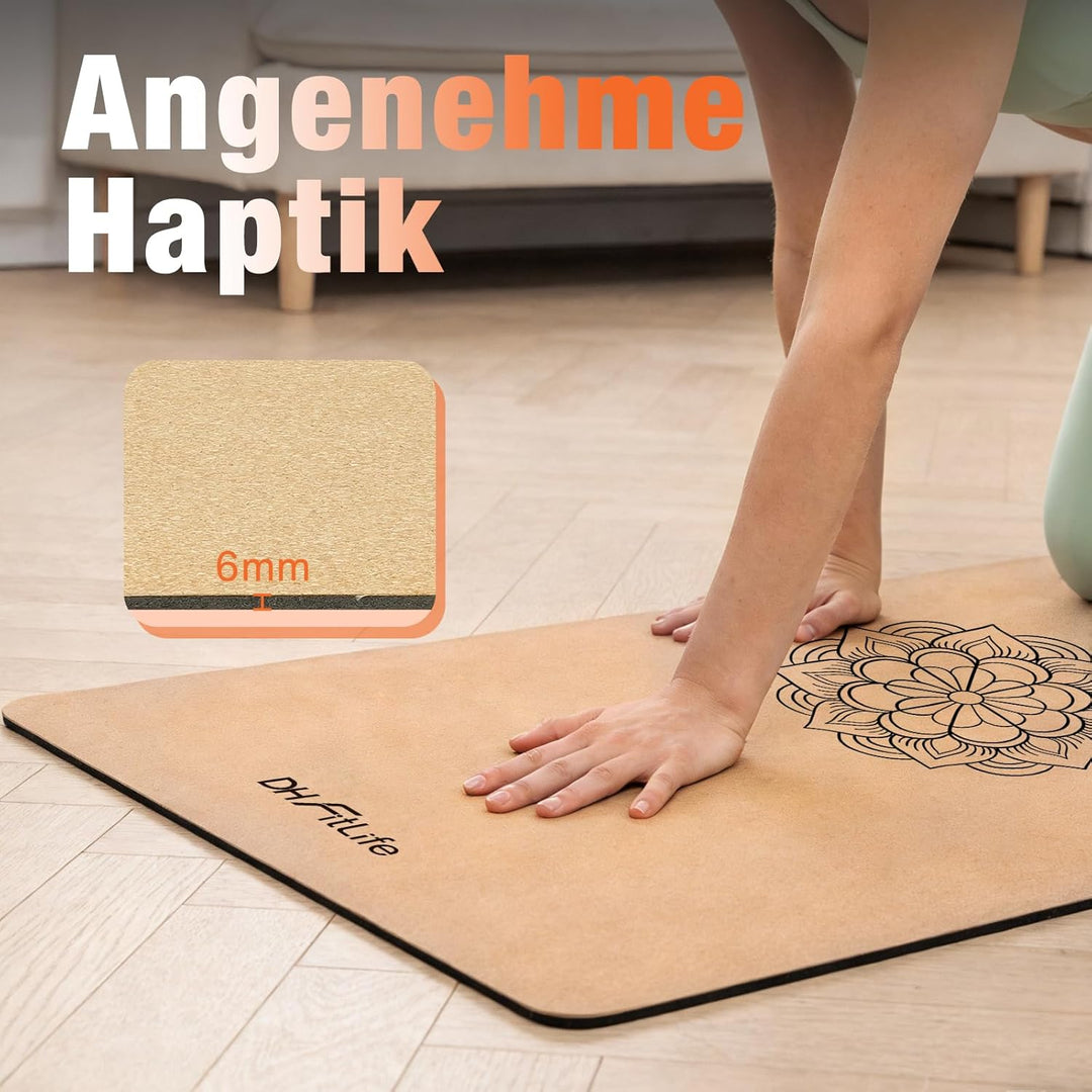 DH FitLife Kork Yogamatte rutschfest aus Naturkautschuk | sofort einsatzbereit | Leicht zu reinigen