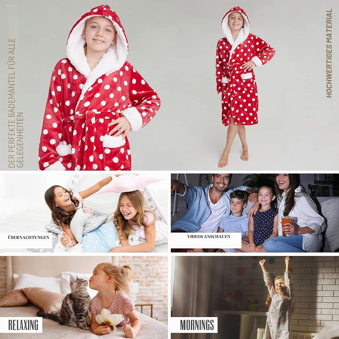 CityComfort Bademantel Kinder Mädchen, Fleece Morgenmantel Kinder Dressing Gown mit Punkten 11-12 Ja