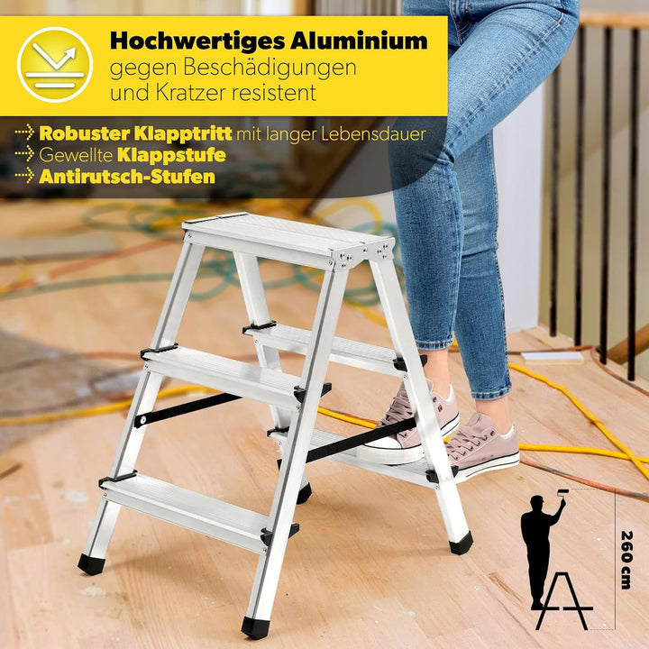 KADAX Trittleiter aus Aluminium 3 Stufen, Klapptritt bis 125kg, Stufenleiter mit Antirutschstufen, S