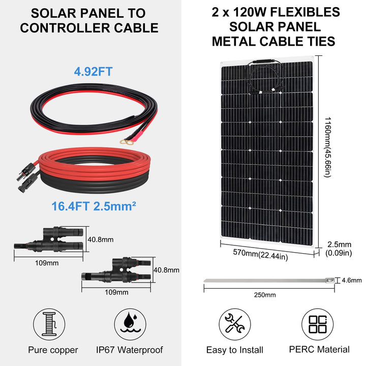 【240W 12V Flexibel Solarpanel Kit】DERUXI 2x120W Flexibles Solarmodule+30A Laderegler+Y Solarstecker+