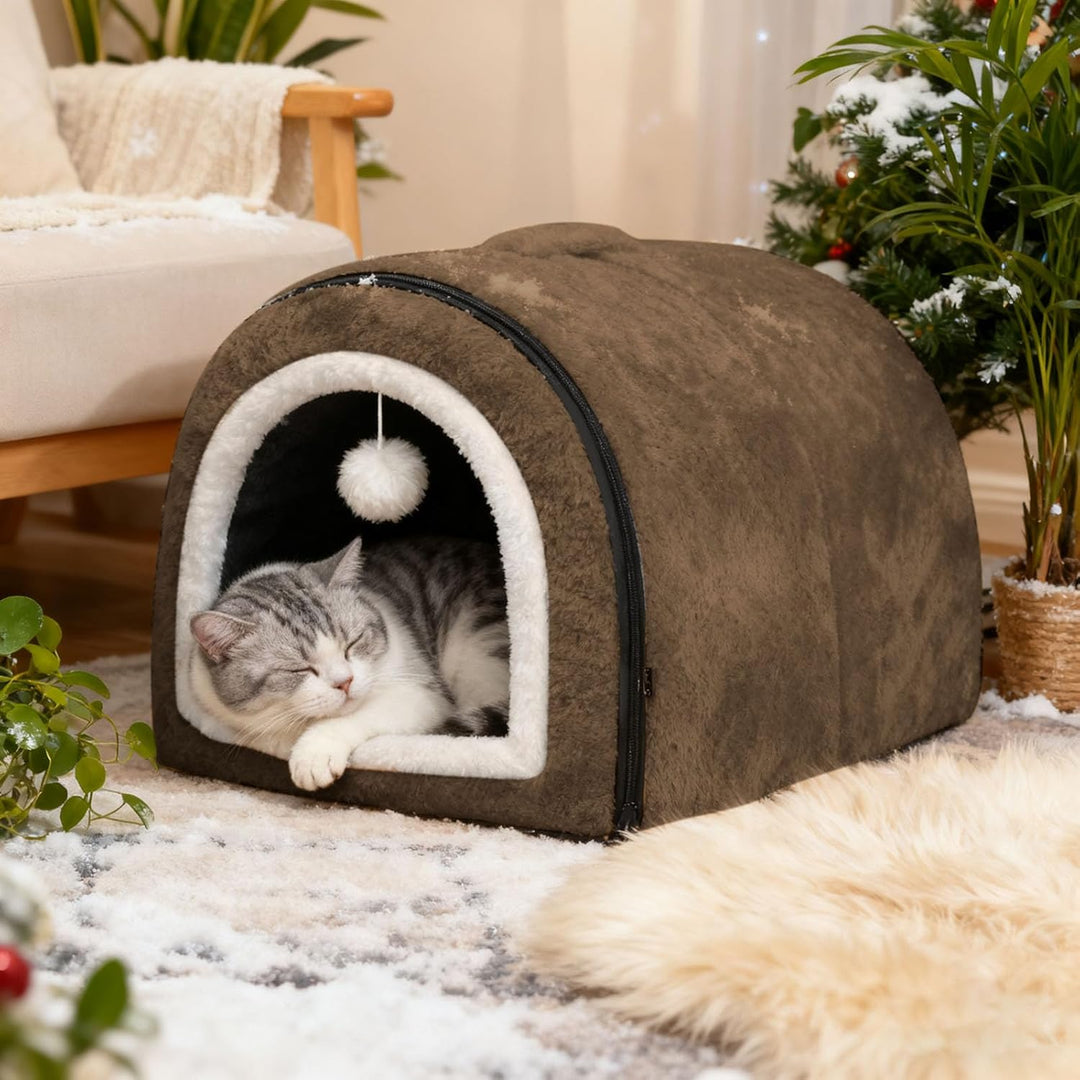 Beheiztes Katzenbett Katzenhöhle, Abnehmbare Halb-Umschliessende Nestform mit Gewölbtem Dach & Tempe