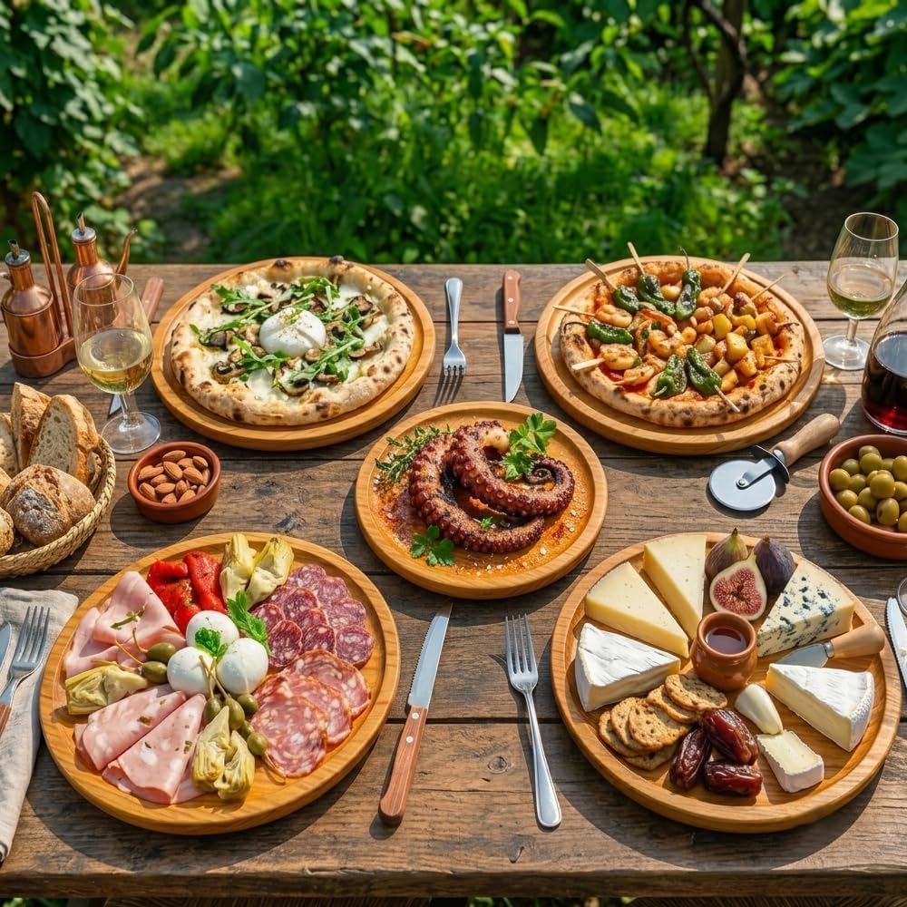Ruibal - Holzteller Rund - Holzplatte - Fleischteller - Pizzateller - Schneidebrett - Kiefer - Set v