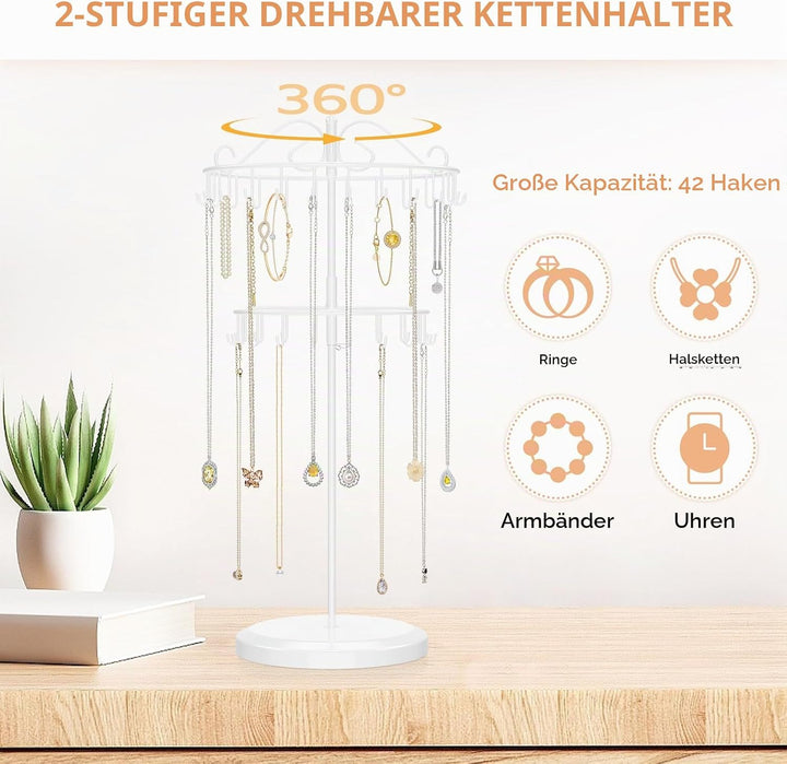 iDavosic.ly 2-Stufiger Kettenständer Schmuck Drehbar, 42-Haken Ketten Halsketten Aufbewahrung, Metal