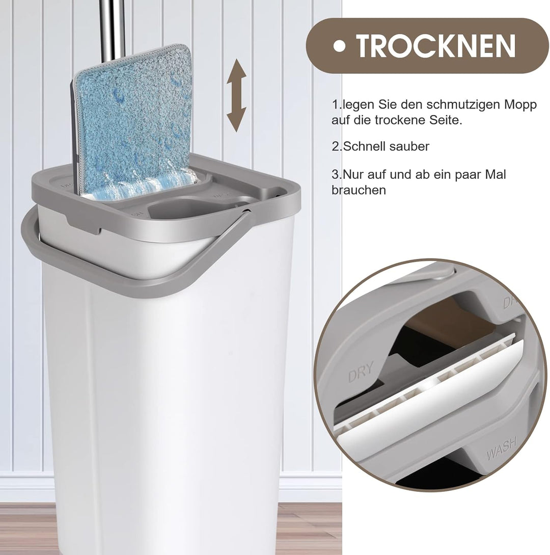 MASTERTOP Wischmopp Set mit Eimer, Flach Bodenwischer mit 140cm Verstellbarer Griff und 10 Mikrofase