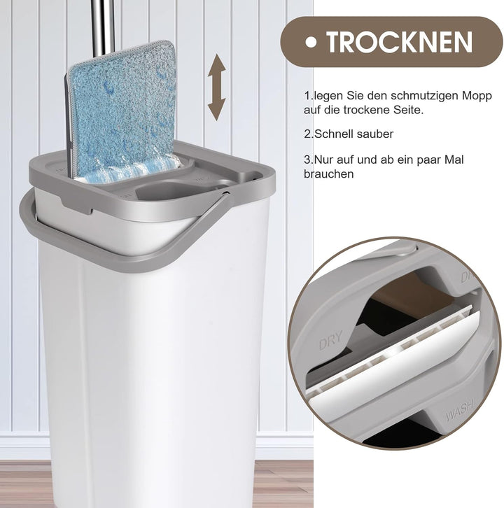 MASTERTOP Wischmopp Set mit Eimer, Flach Bodenwischer mit 140cm Verstellbarer Griff und 10 Mikrofase
