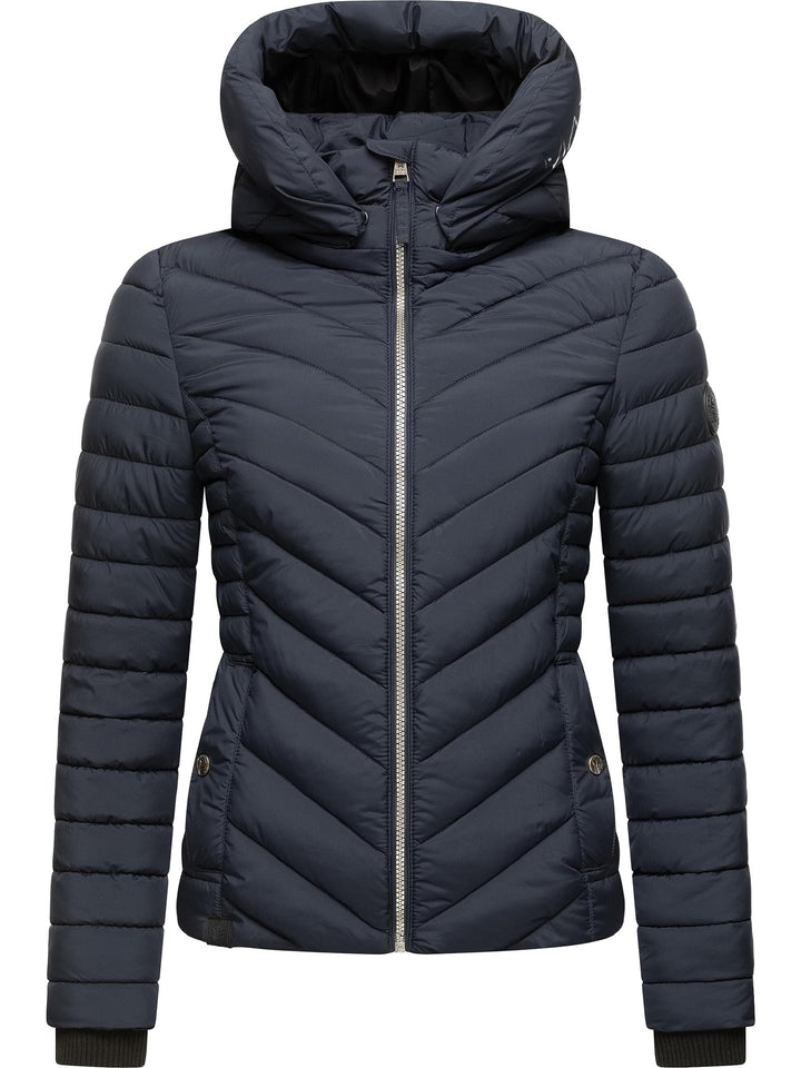 MARIKOO Damen Übergangsjacke leichte Steppjacke kurz mit abnehmbarer Kapuze Kagomee XS-XXL XL Navy,