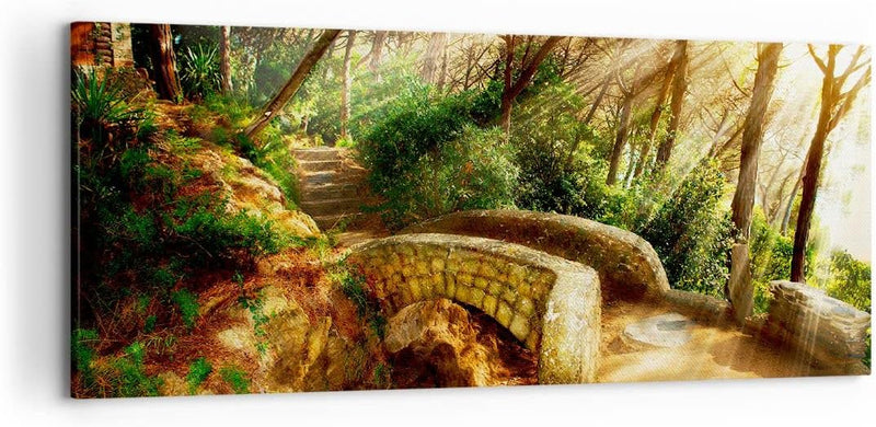 Wandbilder Dekoration Wohnzimmer Pfad Steinbrücke Wald Herbst Panorama Bilder auf Leinwand 120x50cm