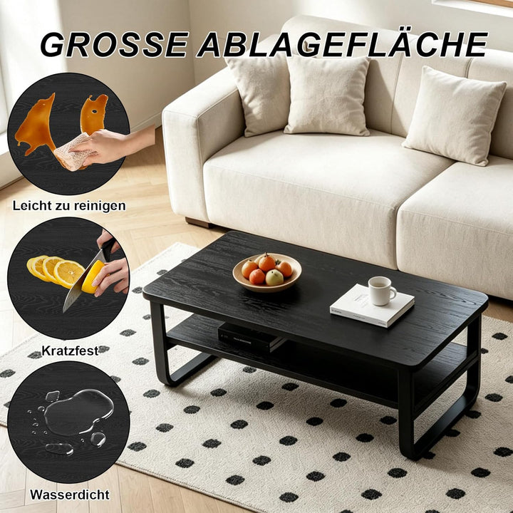 Couchtisch aus Holz für Wohnzimmer, 2-Stöckiger Beistelltisch mit Metallbeinen, Breiter Tischplatte