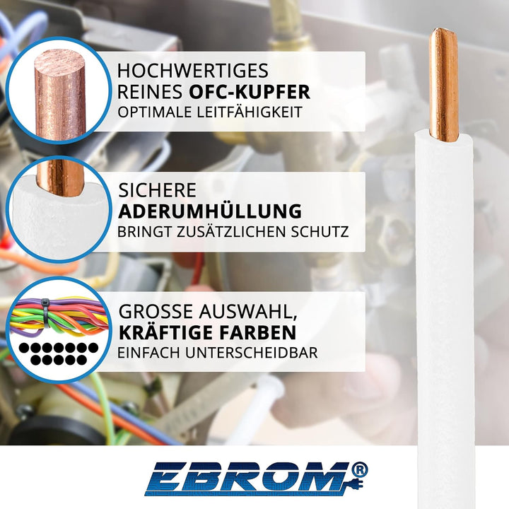 EBROM 100 Meter Aderleitung Litze Draht starre Leitung H07V-U 1,5 mm² 1x1,5 mm2 – starr – viele Farb