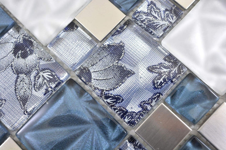 Mosaik Fliese Kombination Crystal/Stahl mix grau/blau für WAND BAD WC KÜCHE FLIESENSPIEGEL THEKENVER