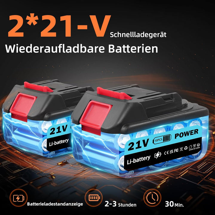 Akku Hochdruckreiniger, 21V, 100 bar, tragbarer Druck mit 2 x 3000 mah Lithium-Akku, 6-in-1-Düse, 5