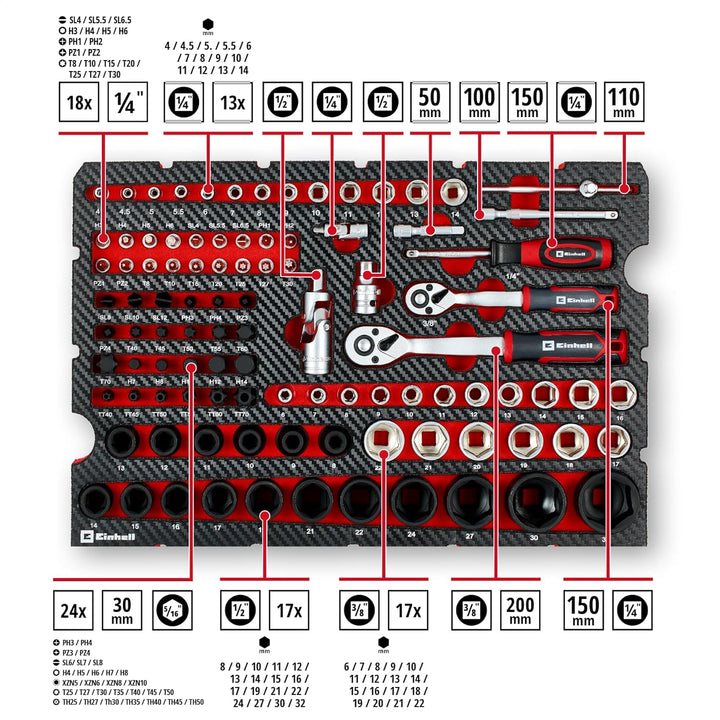 Original Einhell Werkzeugkoffer KFZ E-Case 121-tlg. (KFZ-Profi, Impact-Stecknüsse, Spezialbits, Zünd