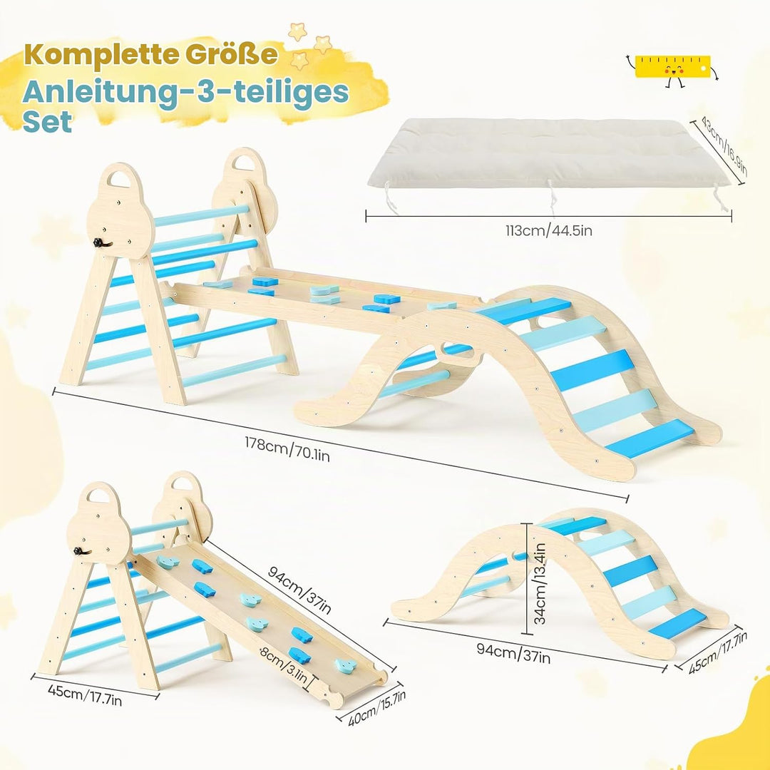 Klettergerüst Indoor,7-in-1 Montessori Indoor Spielset,Stabiles Birkenholz Klettergerüst mit Rutsche