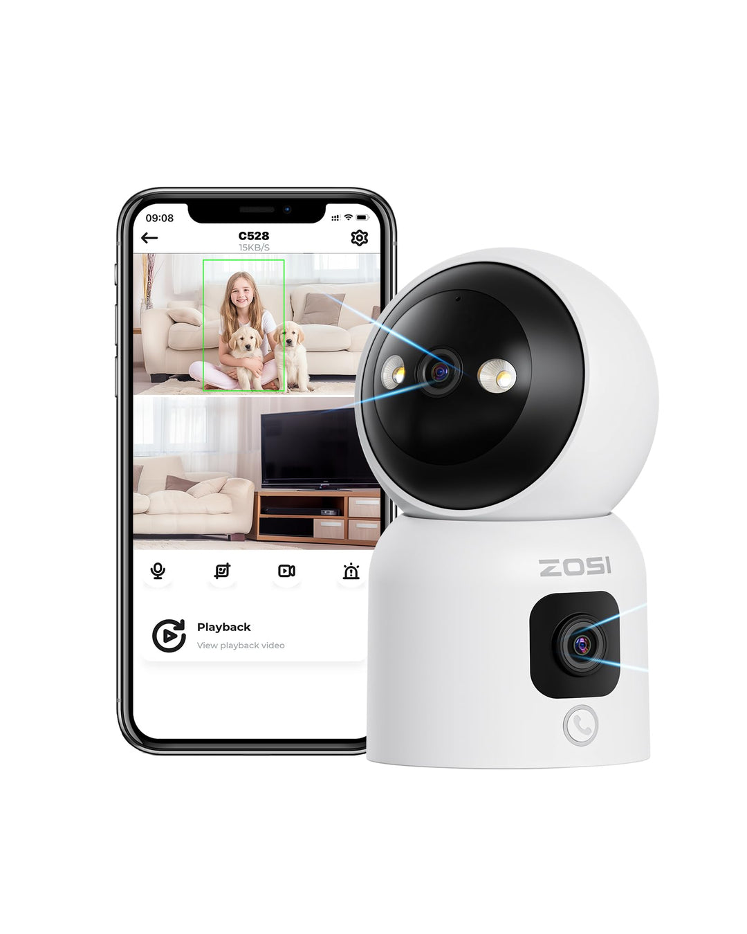 ZOSI Überwachungskamera Innen mit Dual-Objektiv 3MP+3MP, 2,4/5G WLAN, Taste/OK-Geste-Anruf, KI Perso