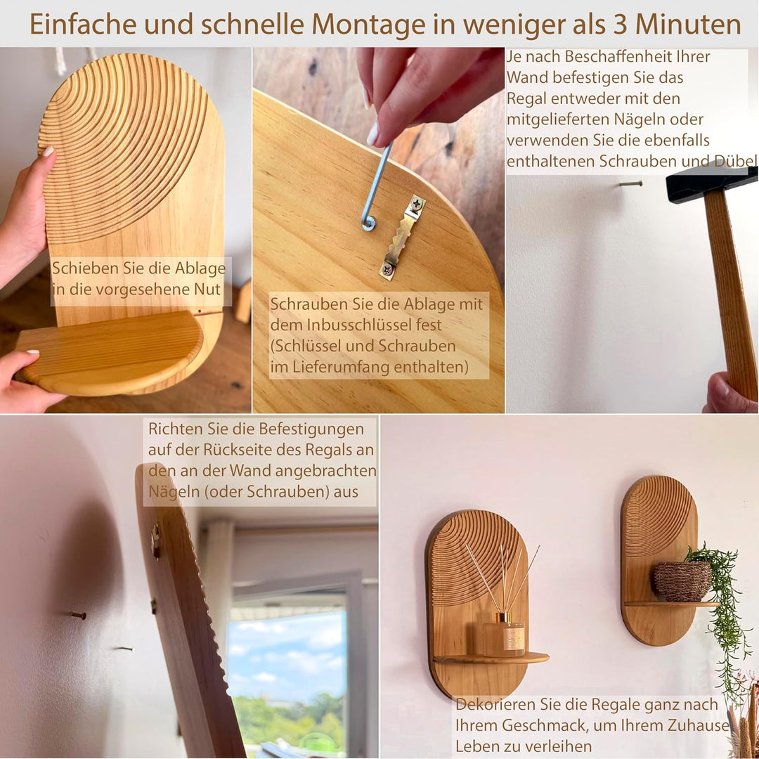 2er Boho Wandregal aus Holz – dekoratives Deko Regal ohne Bohren, Shabby Design, hängend für Pflanze