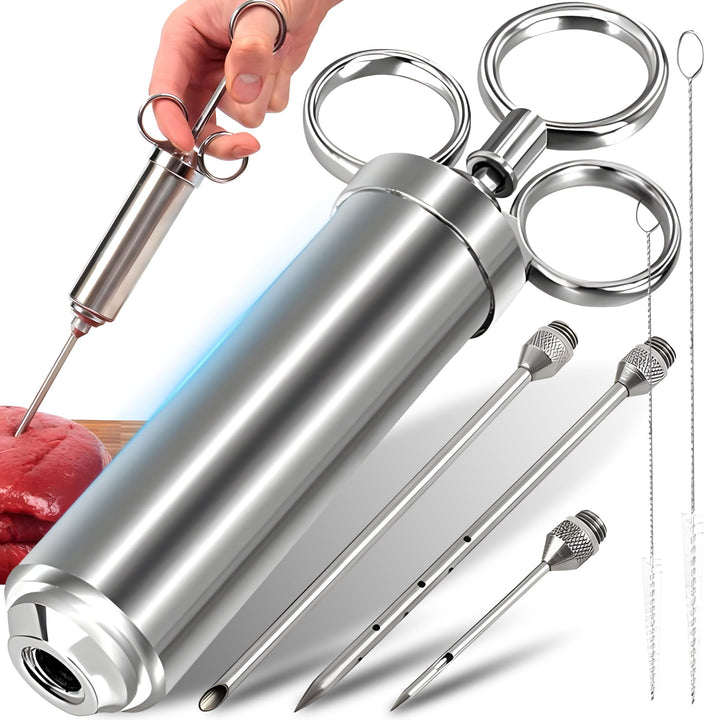 Retoo Marinadenspritze 60ml, mit 3 Nadeln, Fleischspritze aus Edelstahl, Universell für alle Fleisch