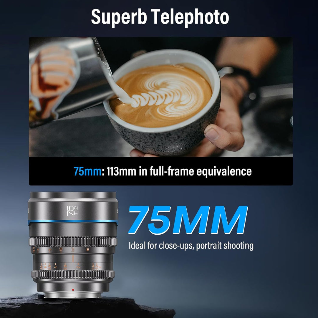 SIRUI Night Walker 75 mm T1.2 S35 Teleobjektiv Cine Objektiv, grosse Blende, manueller Fokus, MS75X-