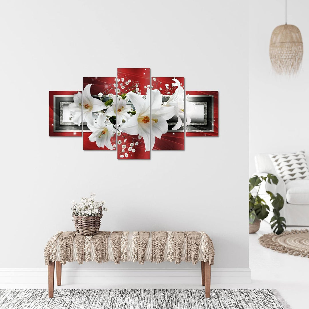 Runa Art Bild Wohnzimmer Schlafzimmer Blumen Lilien 5 Teilig Abstrakt Rot Grau Wandbilder auf Vlies