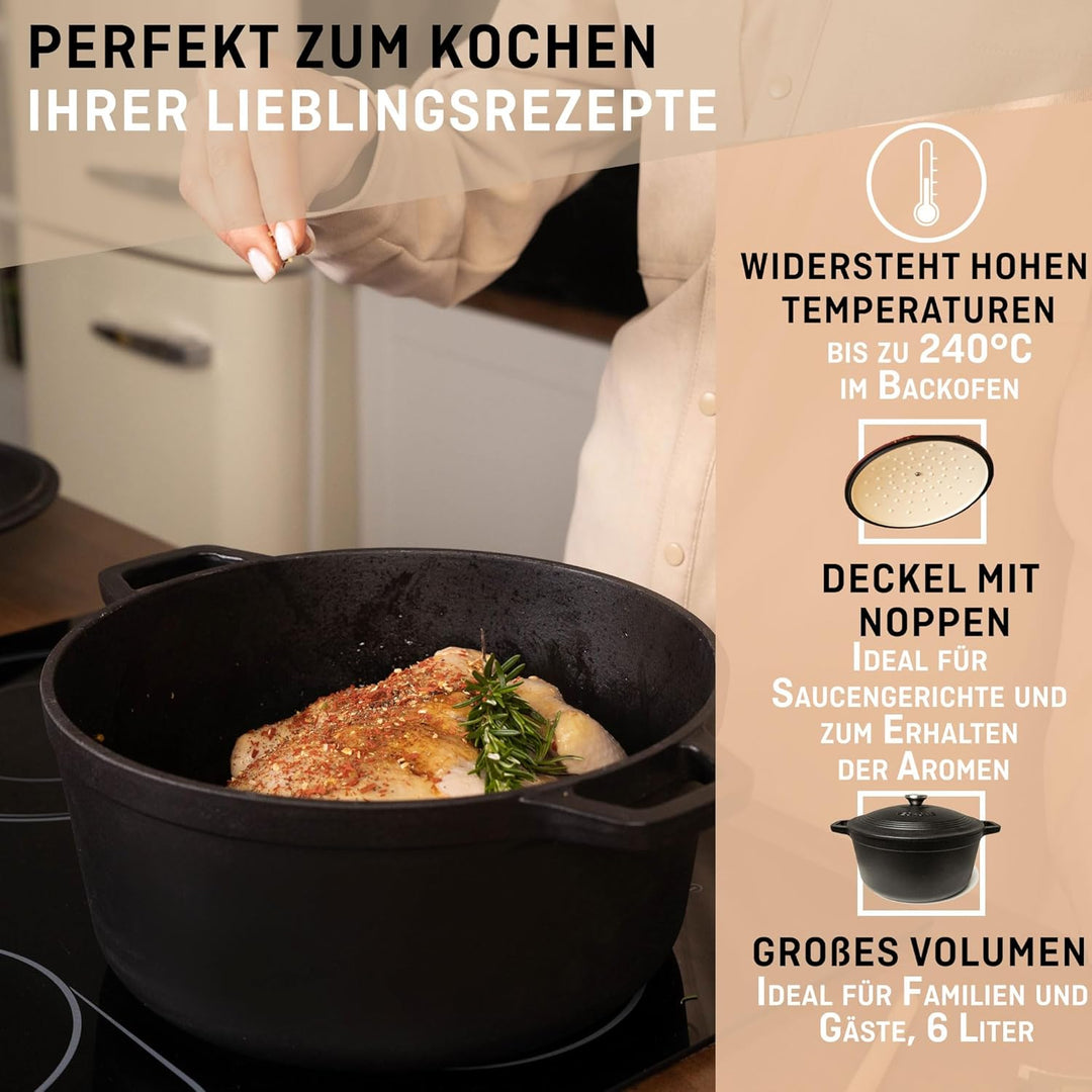 VeoHome Gusseisentopf 6L | Bräter | Gusseisen Topf matt schwarz - Schmortopf |Bratentopf | Bratpfann